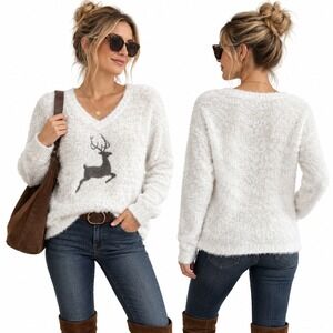 Venus Sweater Womens XL White Reindeer Eyelash Knit Fuzzy Holiday Pullover Cozy
